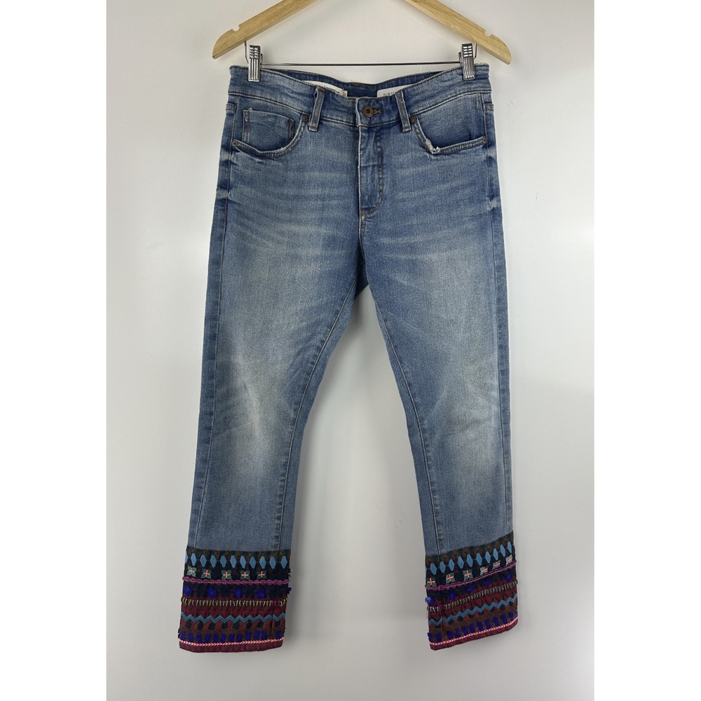 Pilcro Anthropologie Blue Denim Jeans Embellished Cuff Boho Festival Straight 28 - Picture 2 of 16